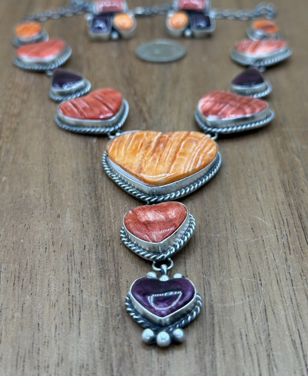 Navajo Handmade Sterling Silver Multi Spiny Oyster Shell Cluster Lariat Necklace