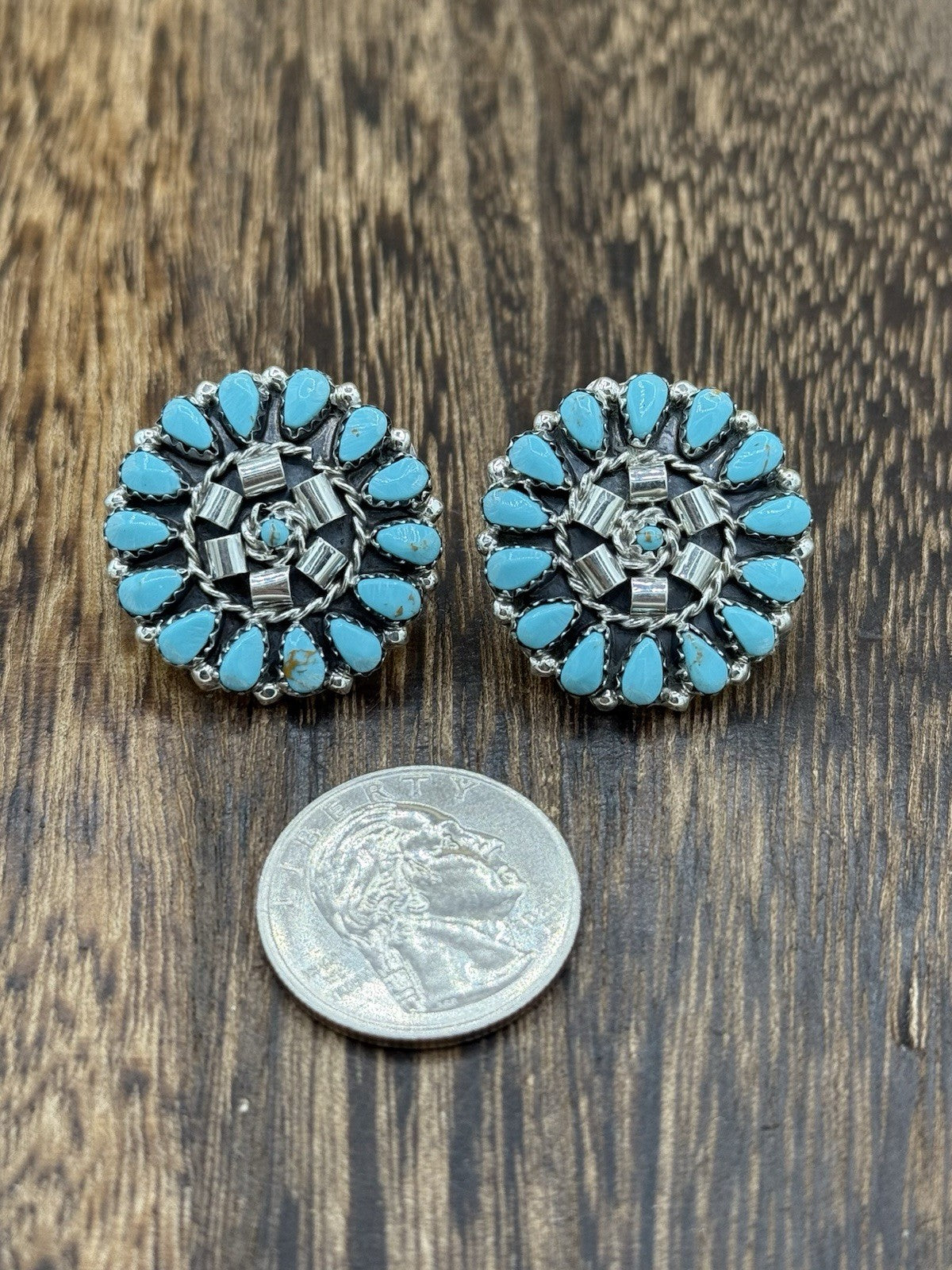 Native American Navajo Handmade Sterling Silver Turquoise Cluster Post earrings