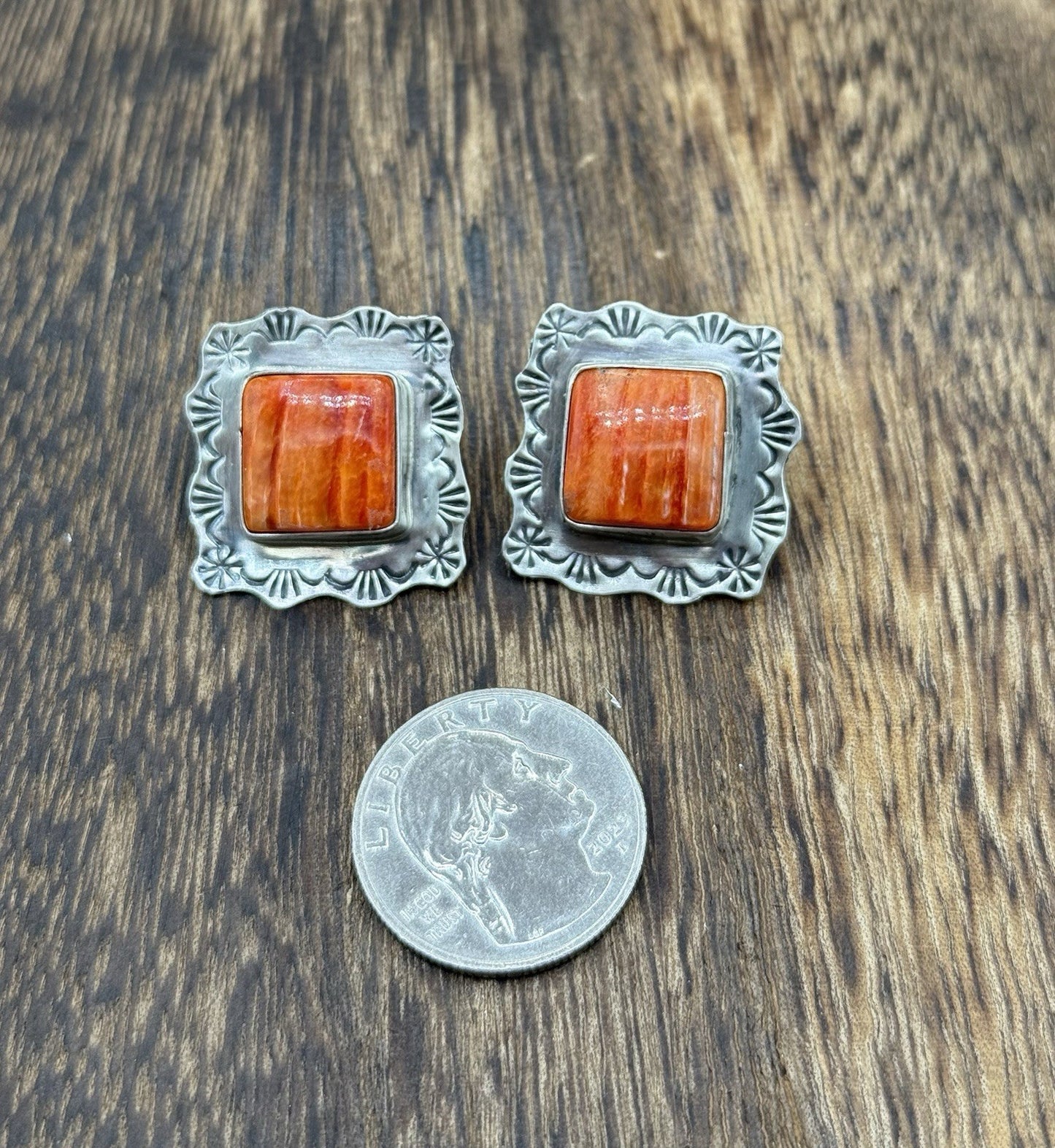 Navajo Handmade Sterling Silver Orange Spiny Oyster Shell Stamped Post Earrings