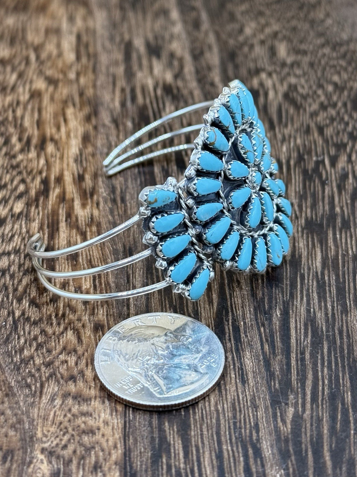 Native American Navajo Handmade Sterling Silver Turquoise Cluster Cuff Bracelet