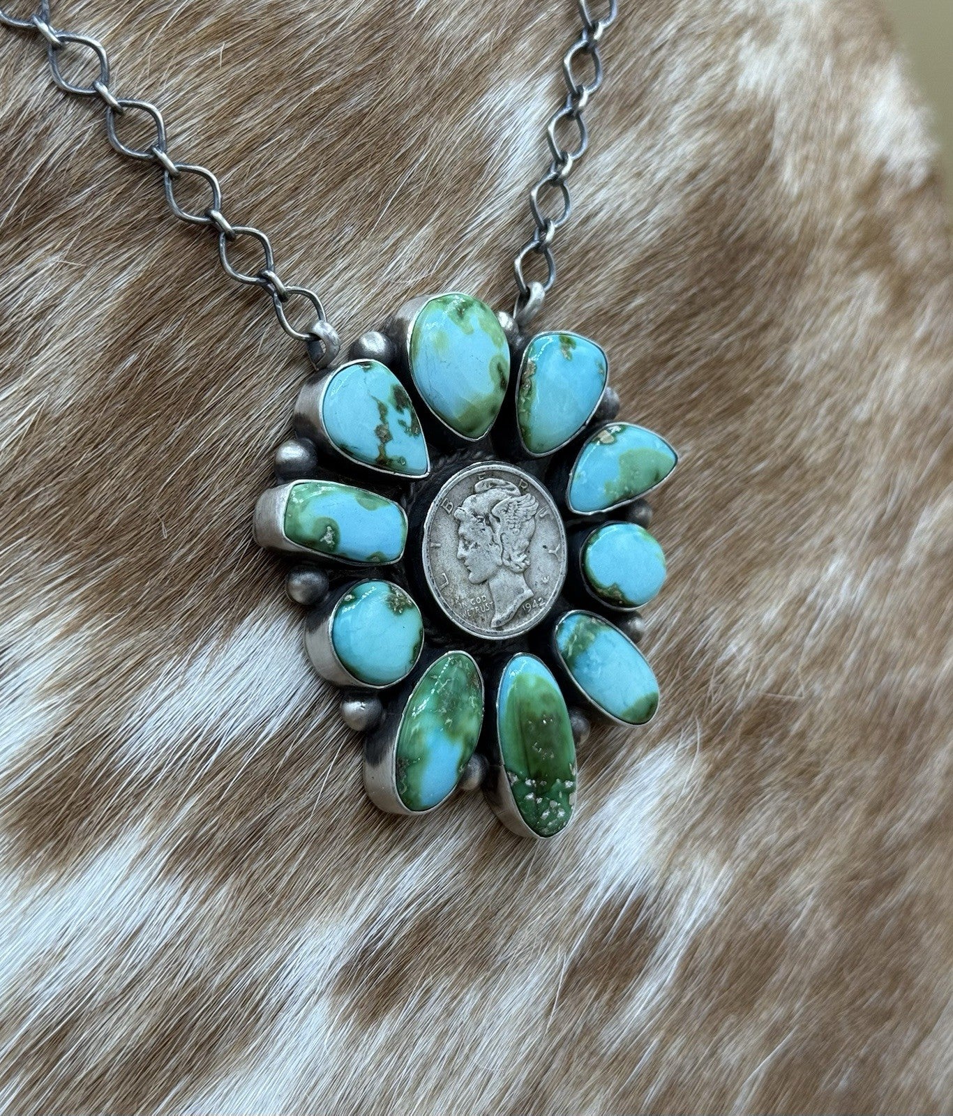 Navajo Handmade Silver Sonoran Gold Turquoise Liberty Coin Cluster Necklace 18”