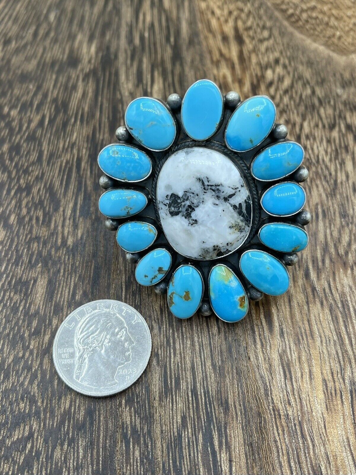 Native American Navajo Handmade Sterling Silver Turquoise Cluster Ring Size 8