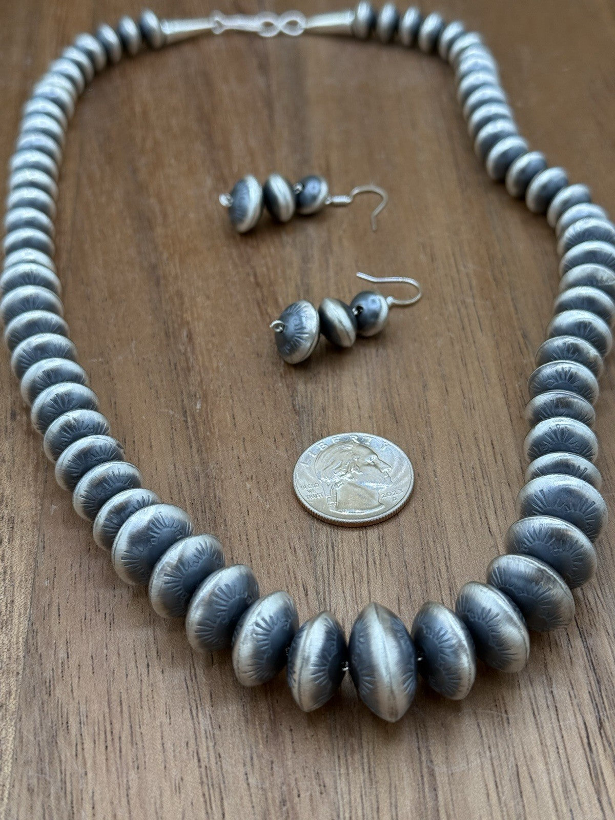 Authentic Navajo Handmade Old Look Navajo Pearl Bead Necklace And Earrings 24”