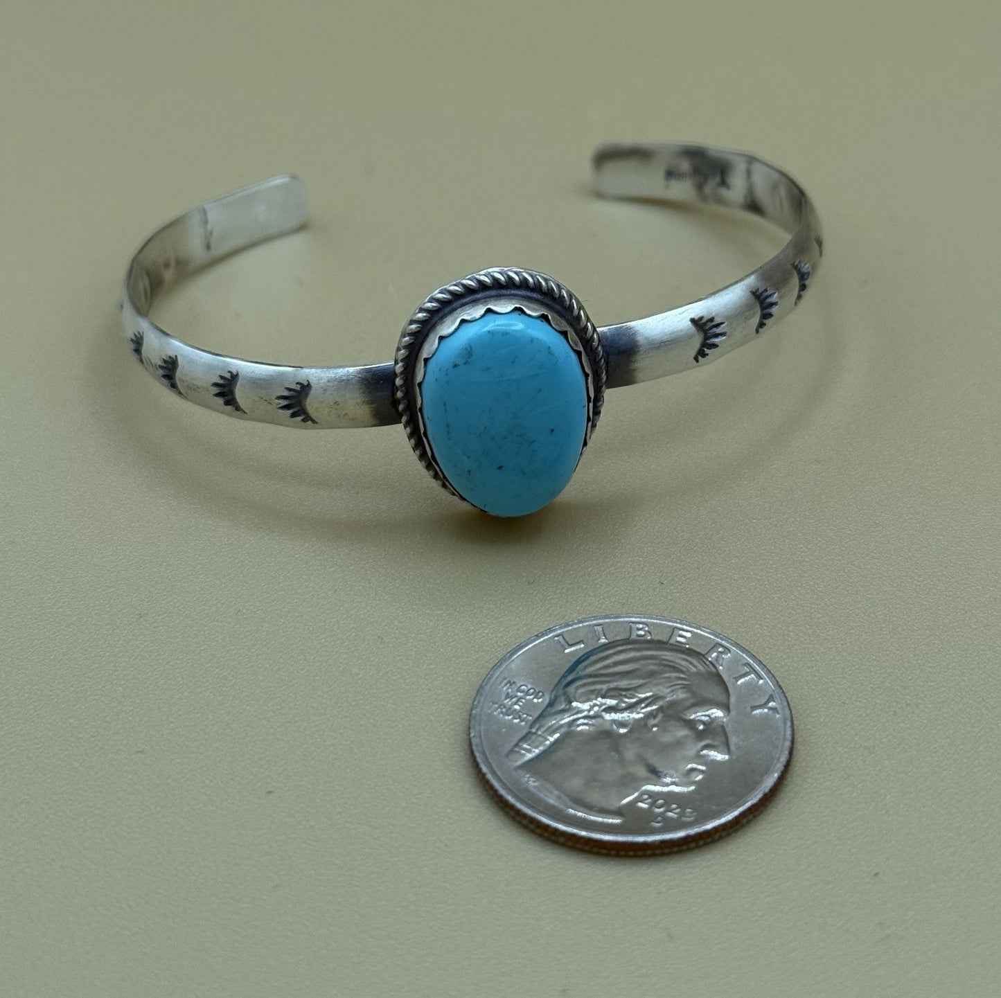 Native Navajo Handmade Sterling Silver Kingman Turquoise Stacker Cuff Bracelet
