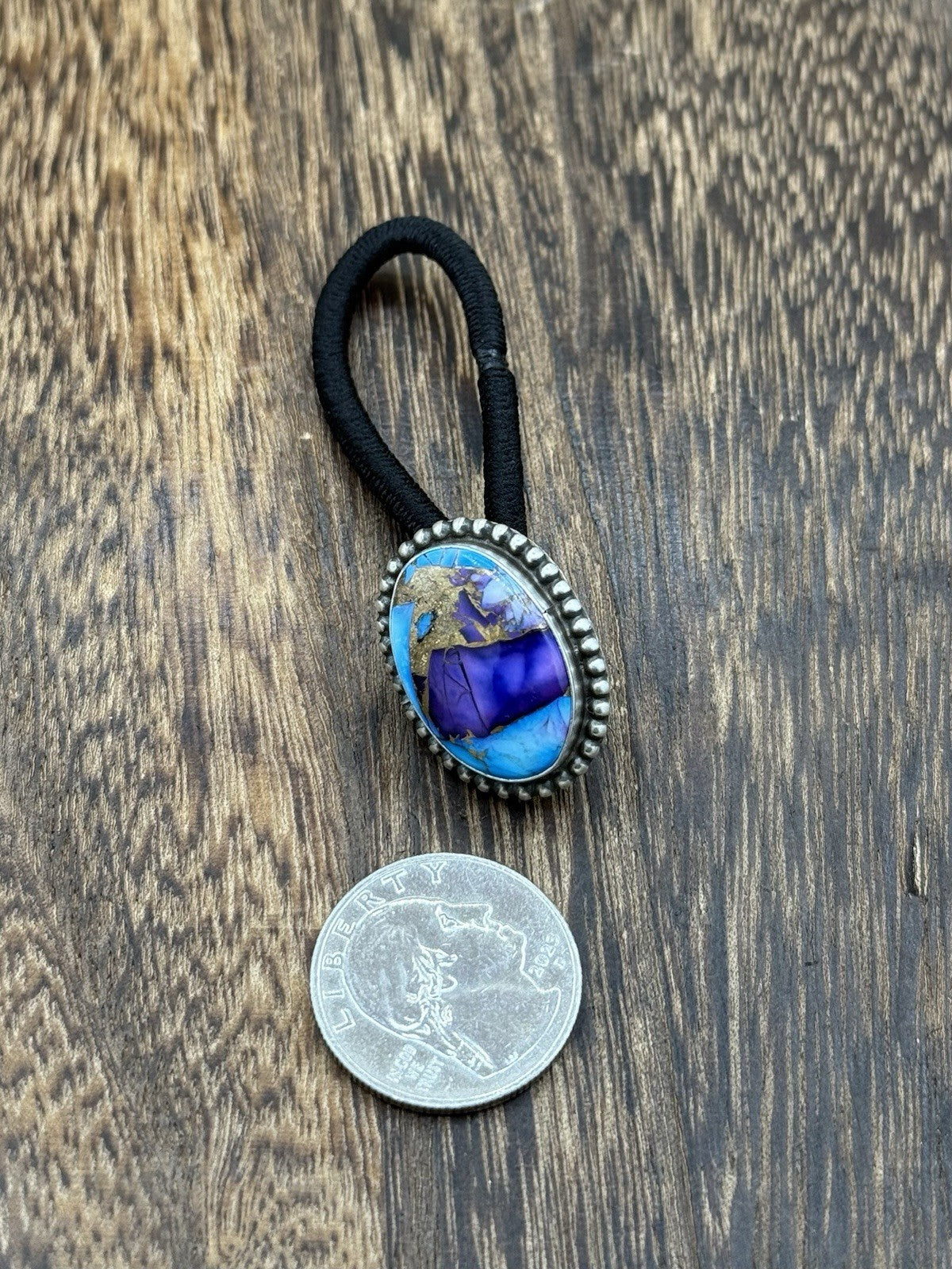 Native Navajo Handmade Sterling Silver Violet Rose & Blue Dahlia Hair Tie