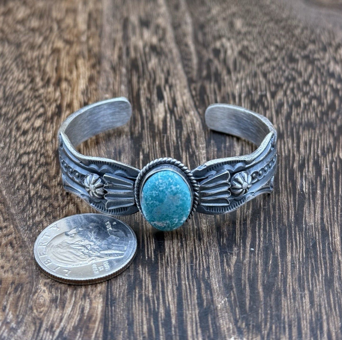 Navajo Handmade Sterling Silver Emerald Valley Turquoise Old look Cast Bracelet