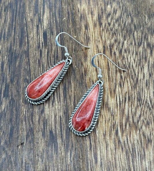 Native Navajo Handmade Sterling Silver Red Spiny Oyster Shell Dangle Earrings