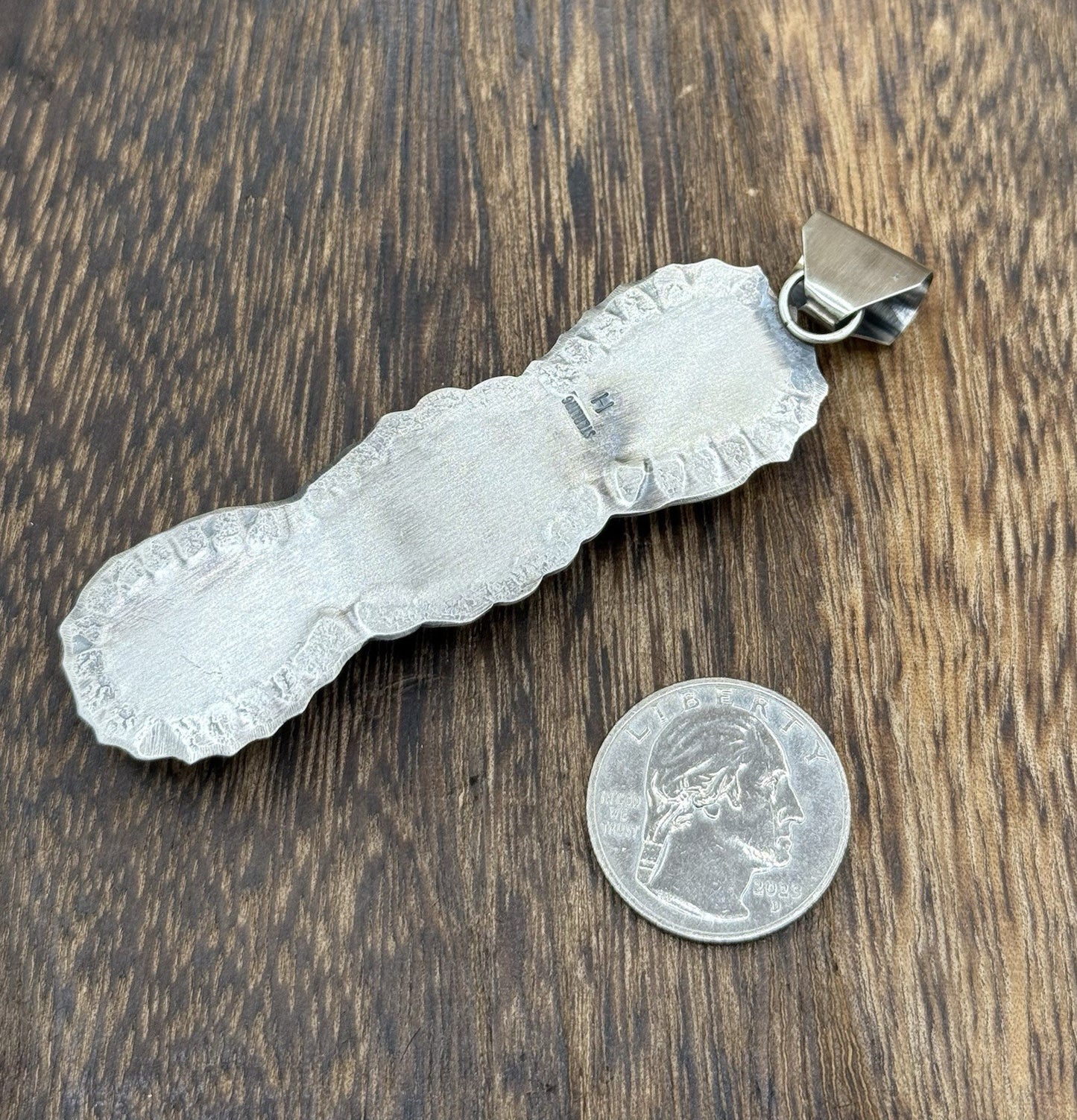 Navajo Handmade Sterling Silver Golden Hills Turquoise Stamped Drop Pendant