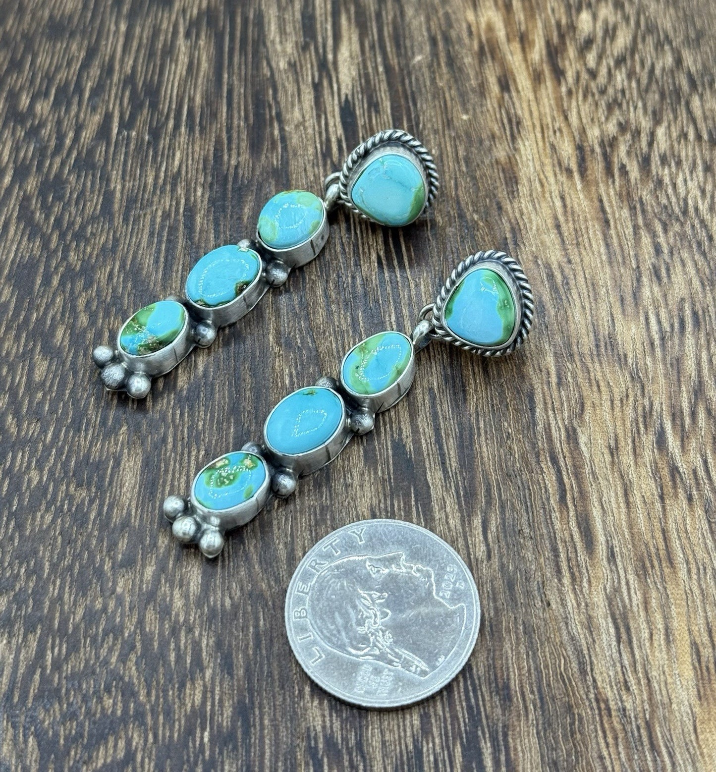 Navajo Handmade Sterling Silver Sonoran Gold Turquoise Post Cluster Earrings