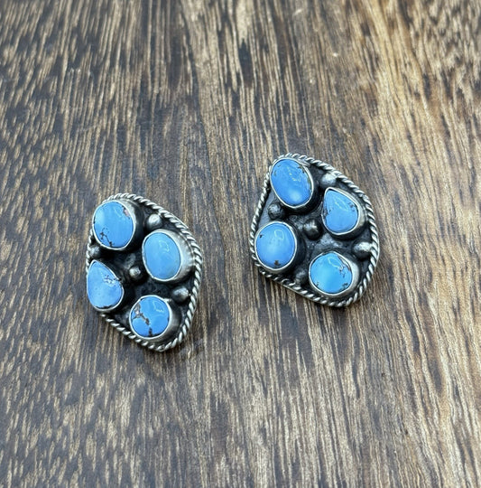 Navajo Handmade Sterling Silver Golden Hills Turquoise Post Cluster Earrings