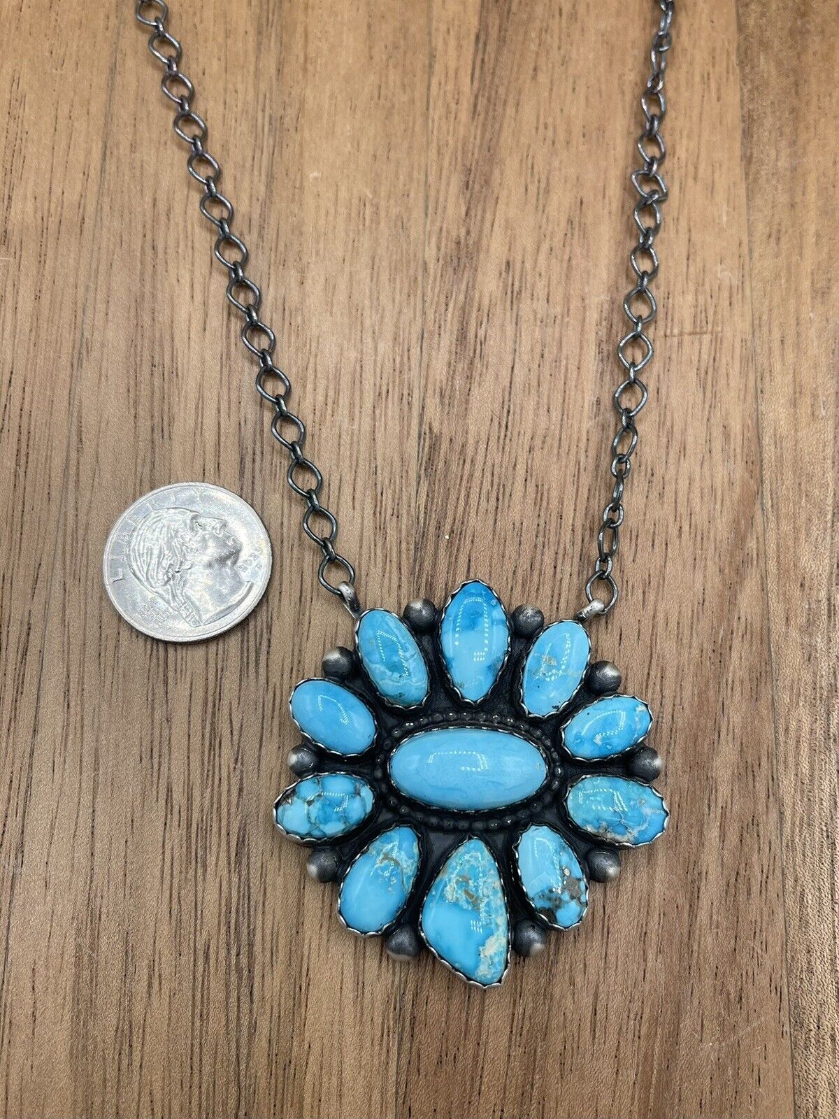 Native American Navajo Handmade Sterling Silver Turquoise Cluster Necklace 18”