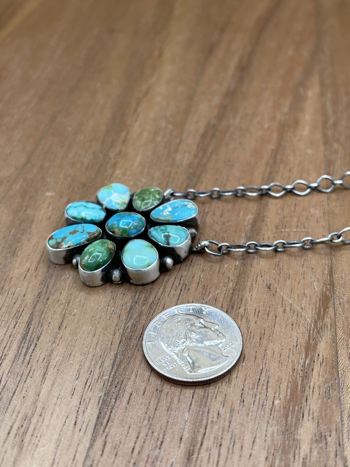 Native American Navajo Handmade Silver Sonoran Turquoise Cluster Bar Necklace