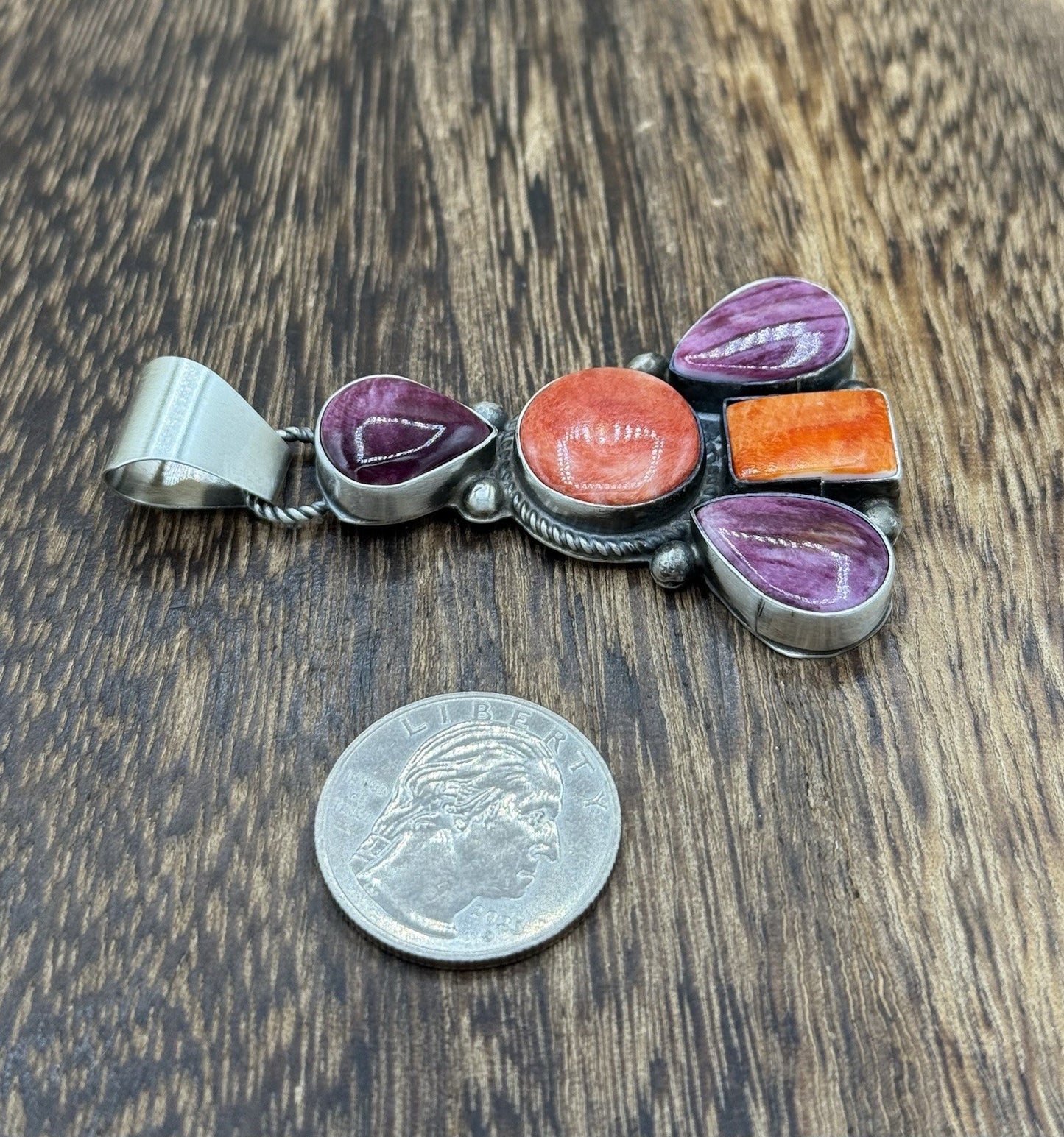 Native Navajo Handmade Sterling Silver Multi Spiny Oyster Shell Cluster Pendant