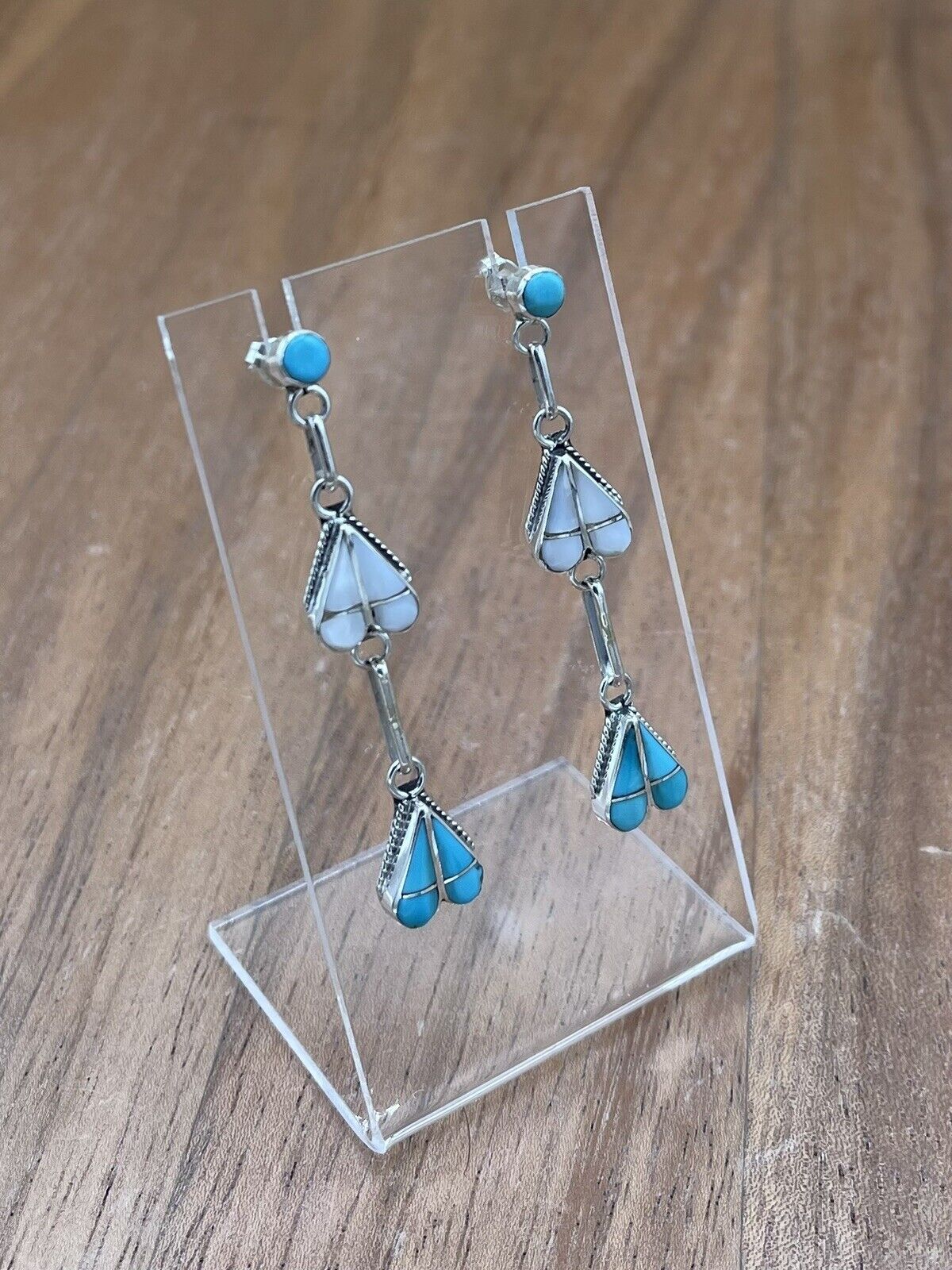 Native American Zuni Handmade Silver Inlay Turquoise Post Dangle Drop Earrings