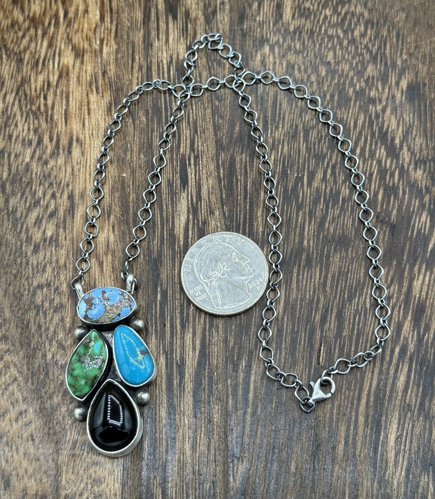 Navajo Handmade Sterling Silver Multicolor Turquoise Cluster Bar Necklace 18”