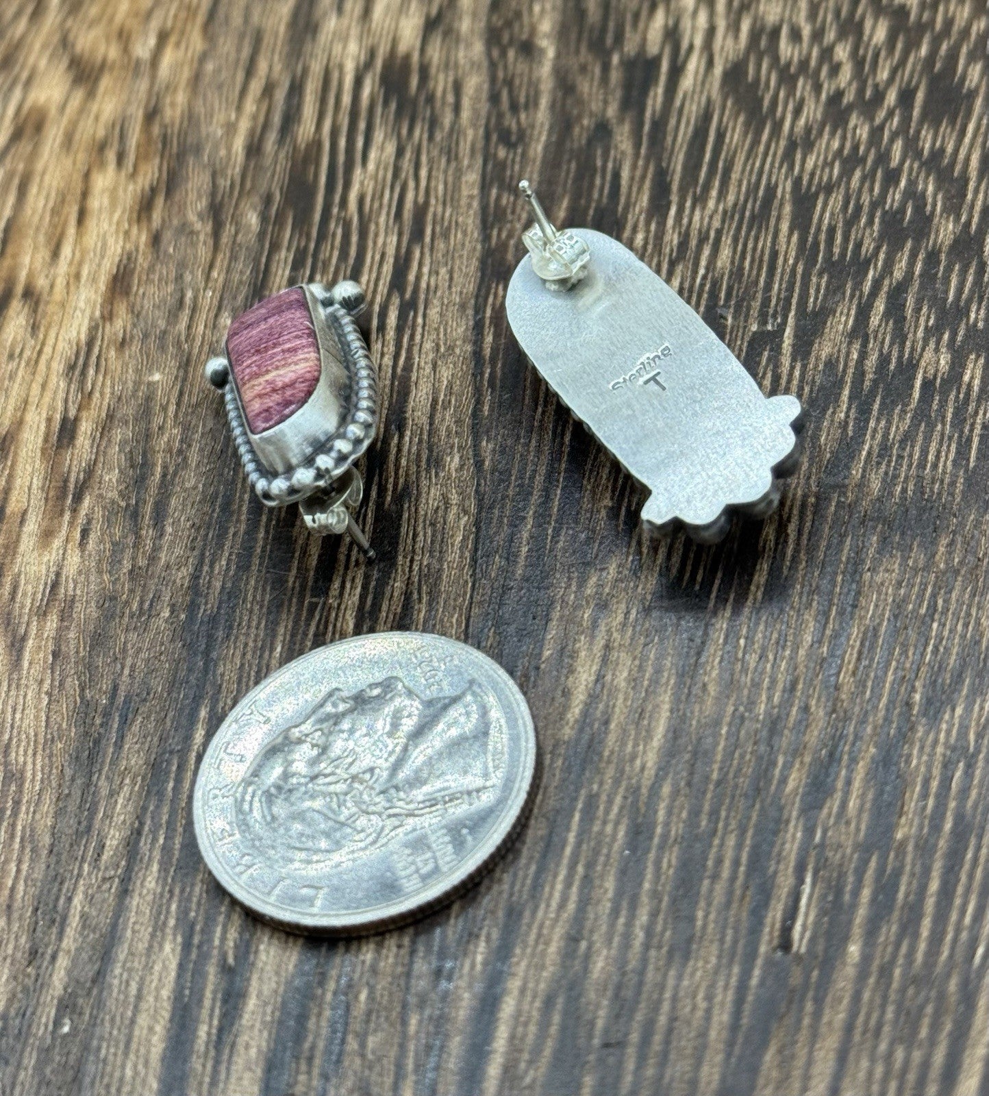 Native Navajo Handmade Sterling Silver Purple Spiny Oyster Post Stud Earrings