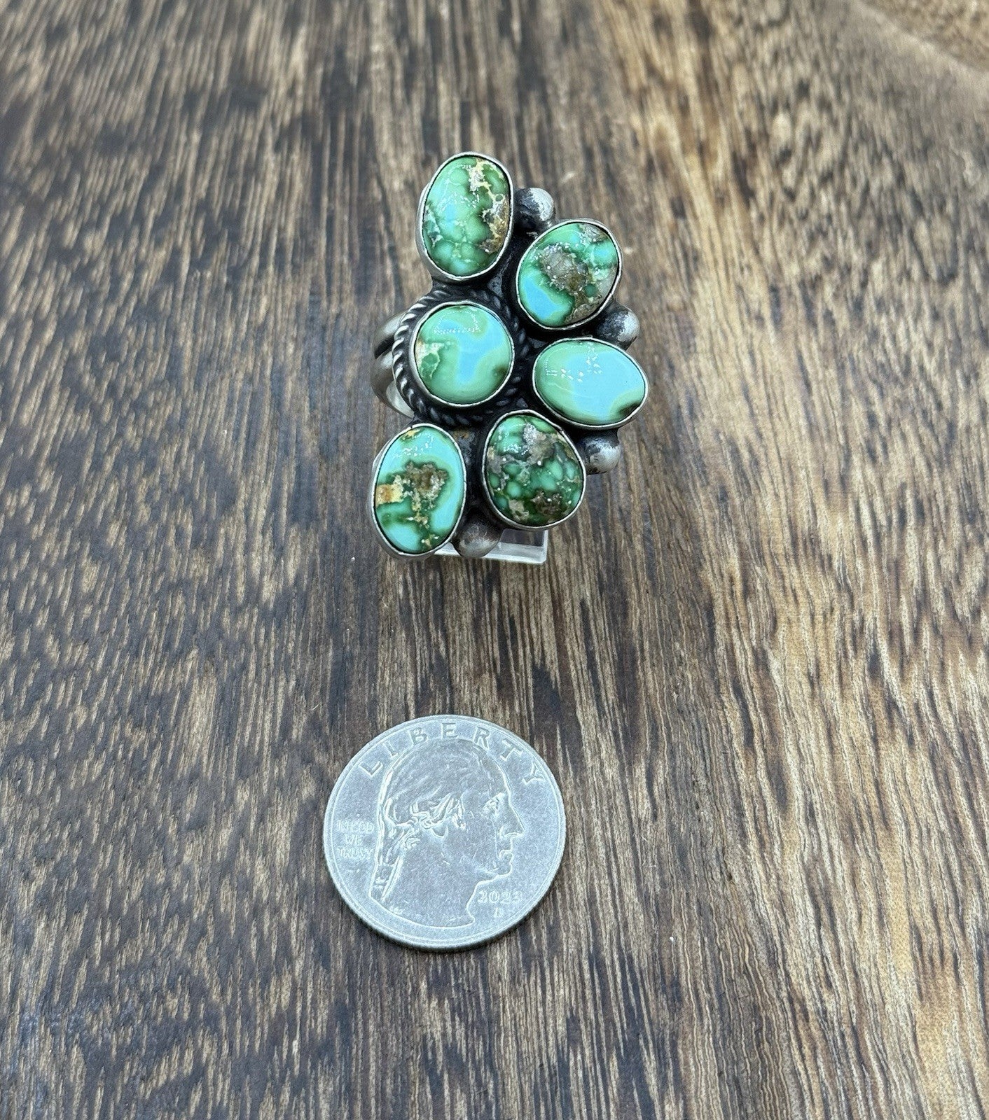 Navajo Handmade Sterling Silver Sonoran Gold Turquoise Half Cluster Ring Size 8