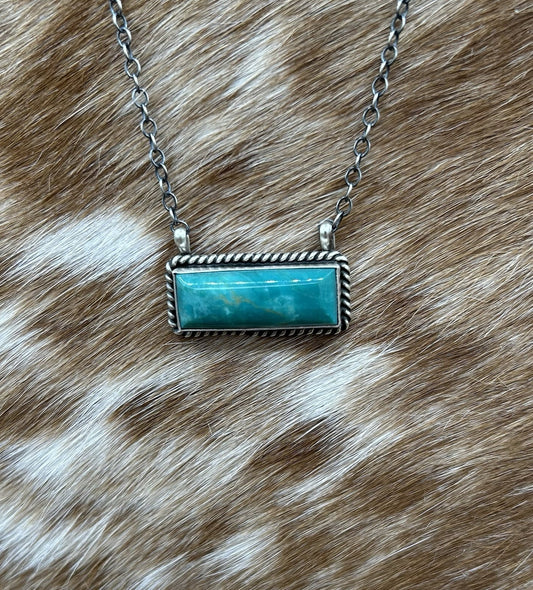 Navajo Handmade Sterling Silver Kingman Turquoise Bar Necklace 16”