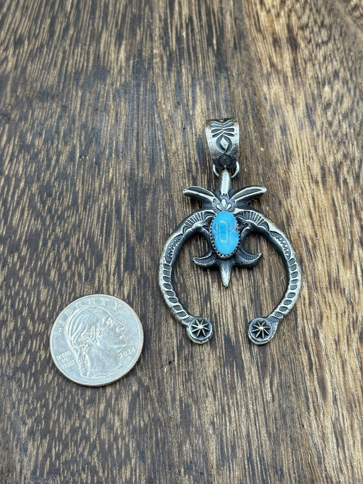 Native American Navajo Handmade Silver Old Look Kingman Turquoise Naja Pendant