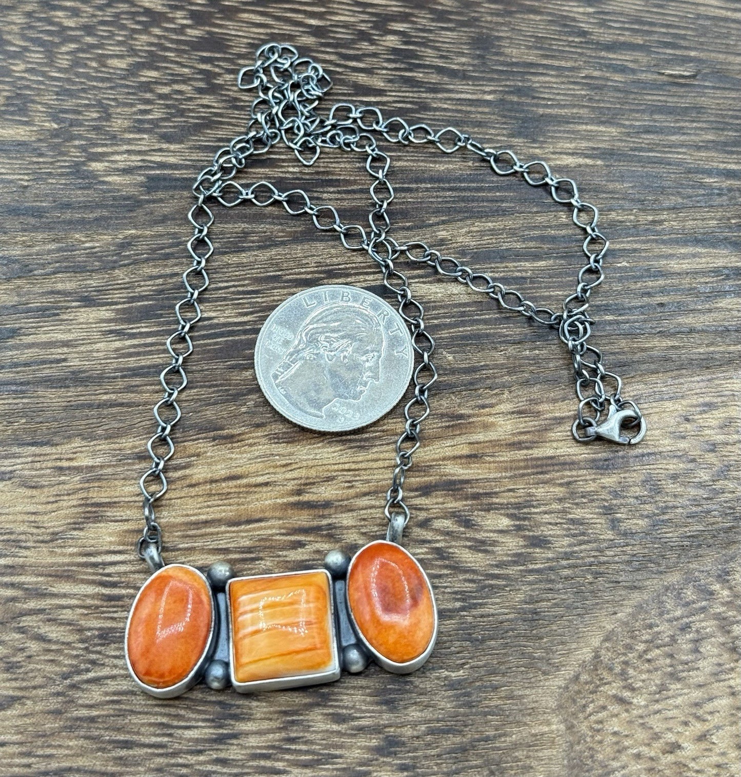 Navajo Handmade Sterling Silver Orange Spiny Oyster Cluster Bar Necklace 18”