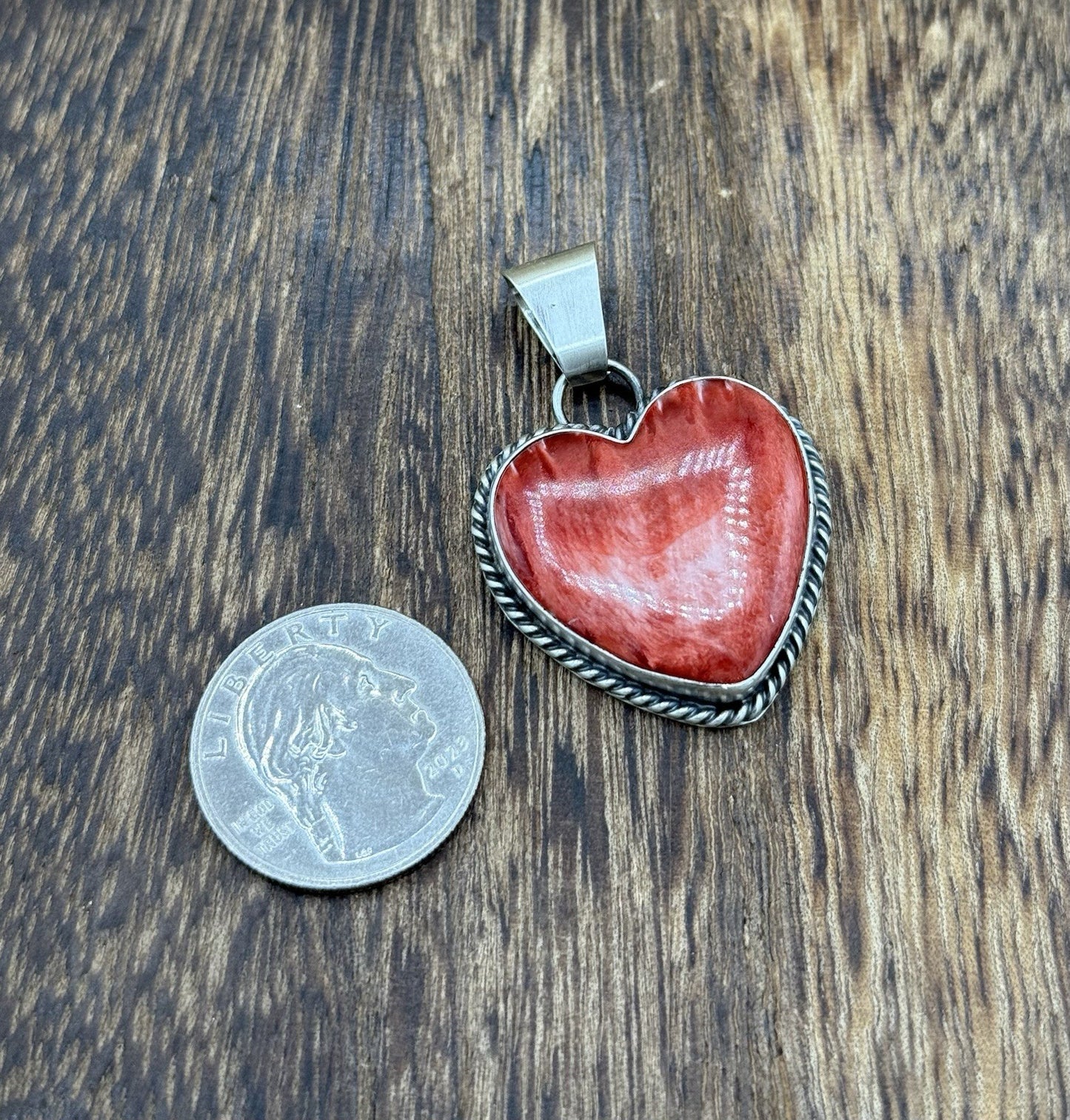 Navajo Handmade Sterling Silver Red Spiny Oyster Shell Heart Shaped Pendant