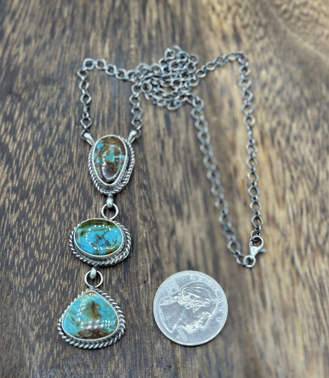 Native Navajo Handmade Sterling Silver Kingman Turquoise Lariat Necklace 18”