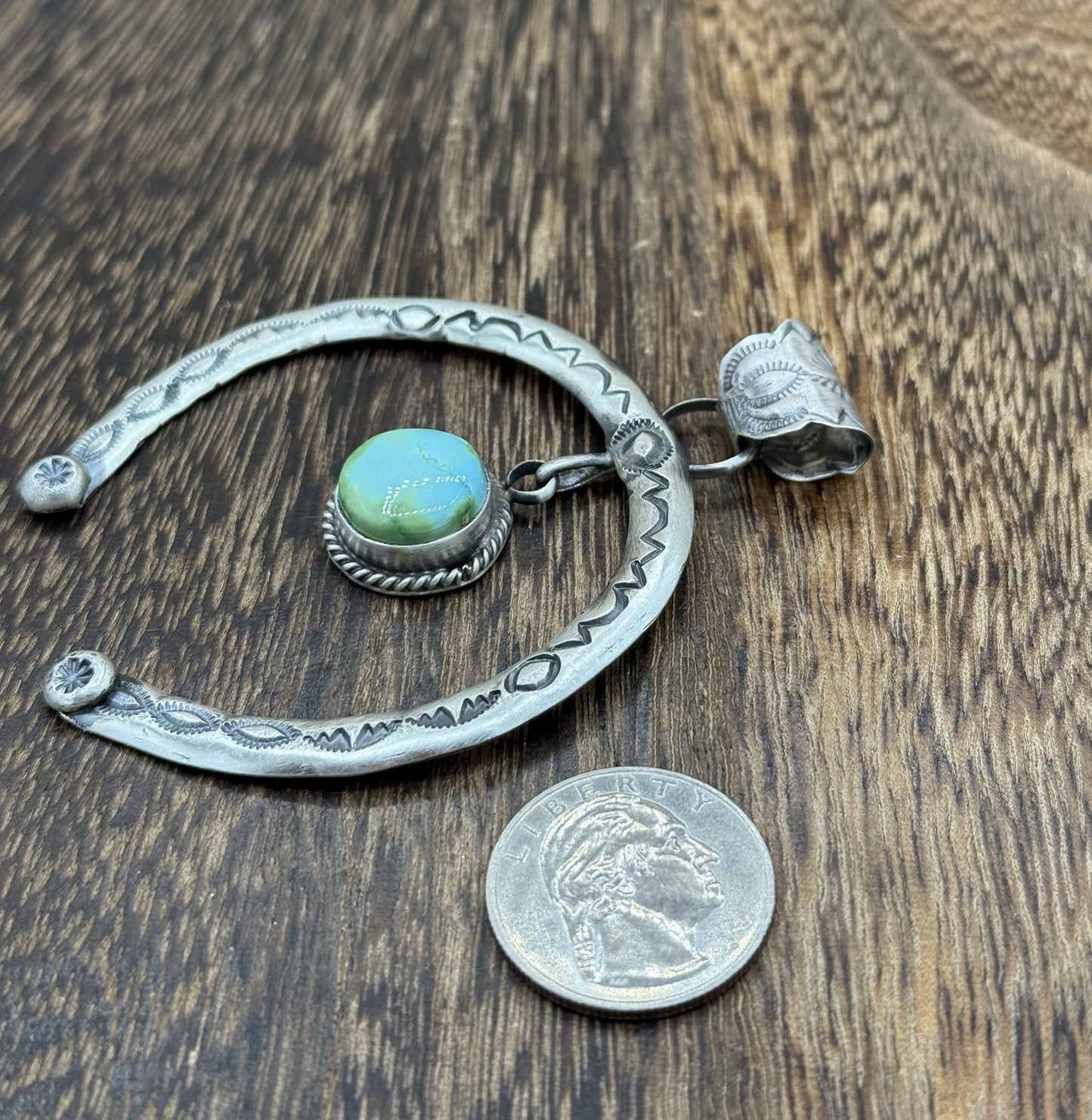 Navajo Handmade Sterling Silver Stamped Sonoran Gold Turquoise Naja Pendant