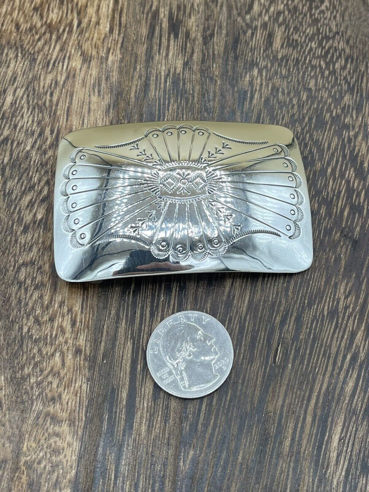 Native American Navajo Handmade Shiny Sterling Silver Belt Buckle By Joann Begay