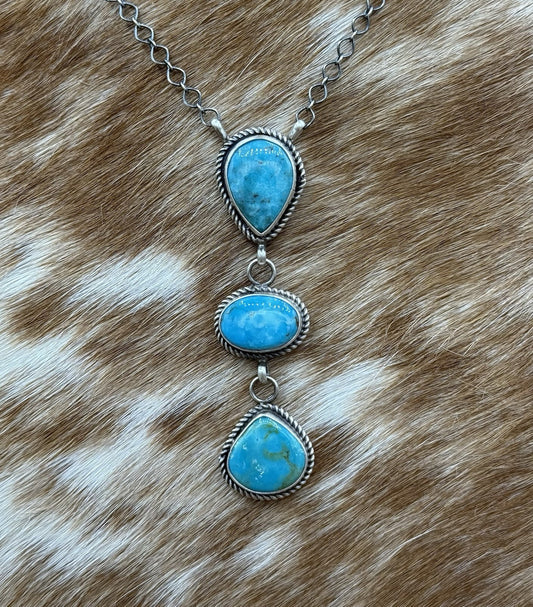 Native Navajo Handmade Sterling Silver Kingman Turquoise Lariat Necklace 18”