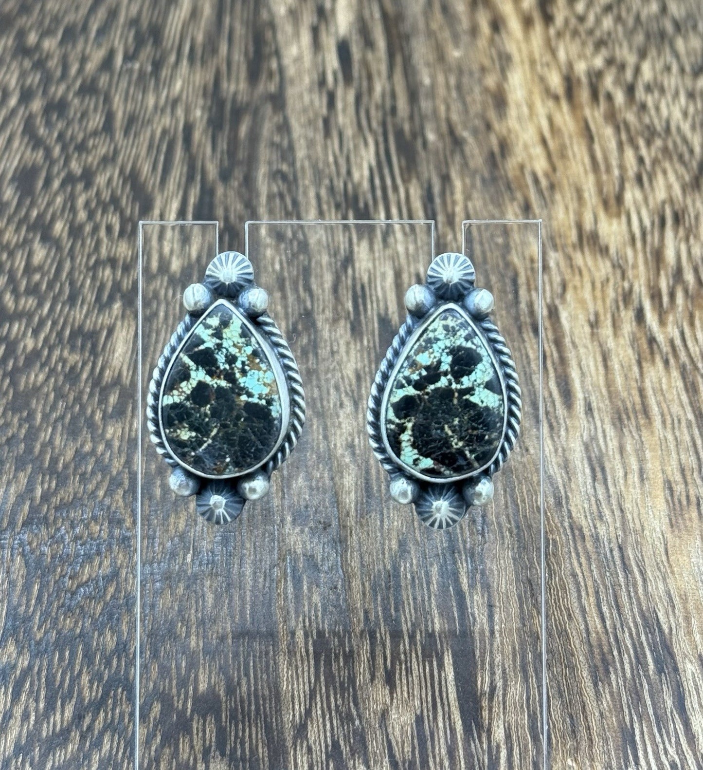 Navajo Handmade Sterling Silver Blackjack Turquoise Old Look Post Stud Earrings