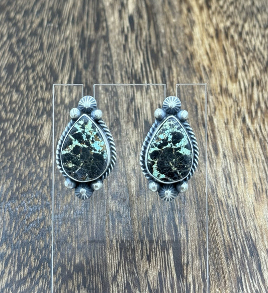 Navajo Handmade Sterling Silver Blackjack Turquoise Old Look Post Stud Earrings