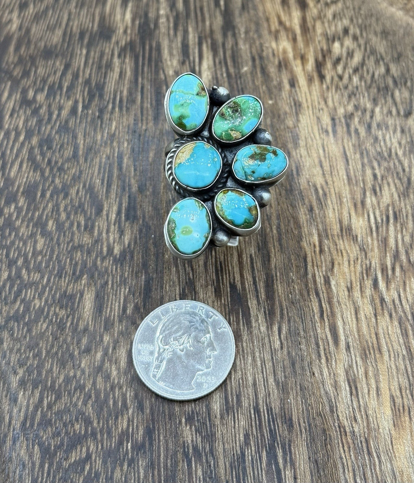 Navajo Handmade Sterling Silver Sonoran Gold Turquoise Half Cluster Ring Size 8