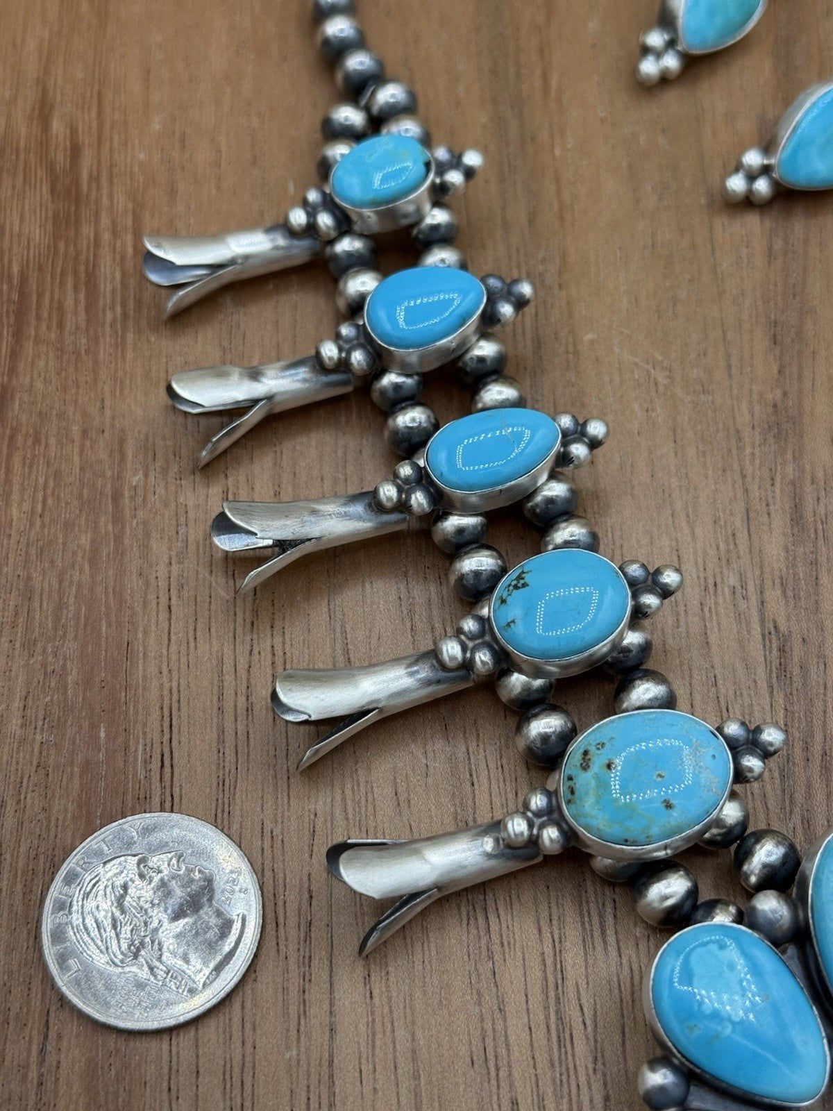 Navajo Handmade Sterling Silver Kingman Turquoise Squash Blossom Necklace 20”