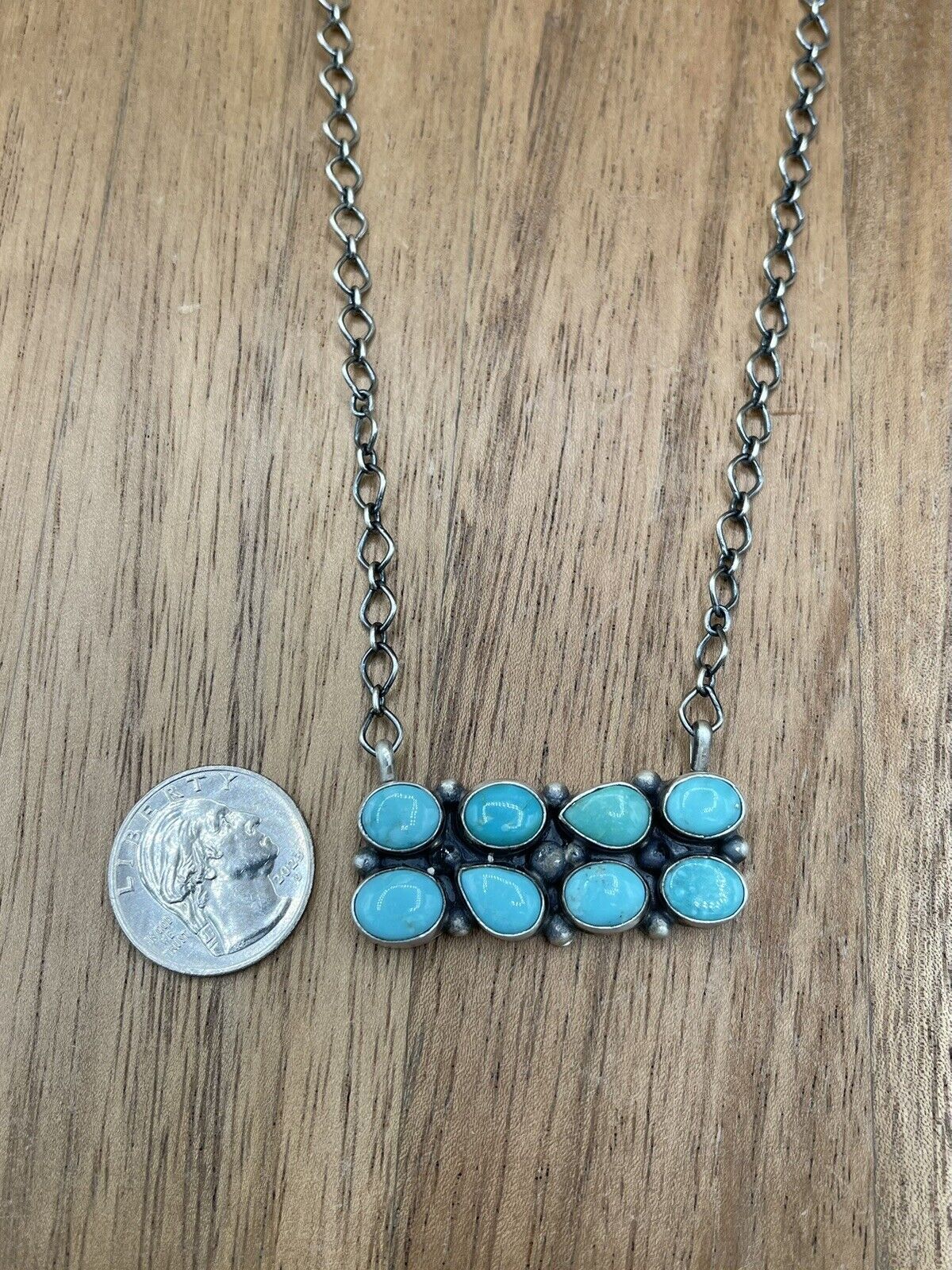 Native American Navajo Handmade Silver Turquoise Cluster Bar Necklace 18