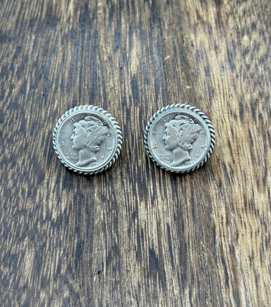 Navajo Handmade Sterling Silver Liberty Mercury Dime Post Stud Earrings Old Look
