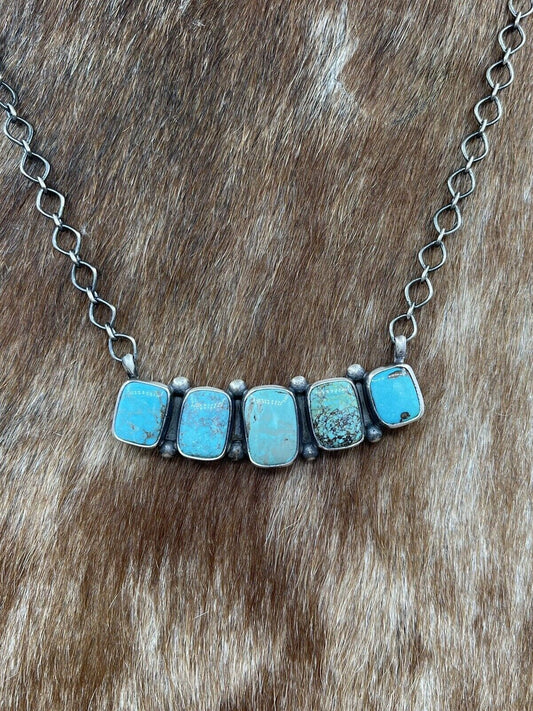 Native American Navajo Handmade Sterling Silver Kingman Turquoise Bar Necklace