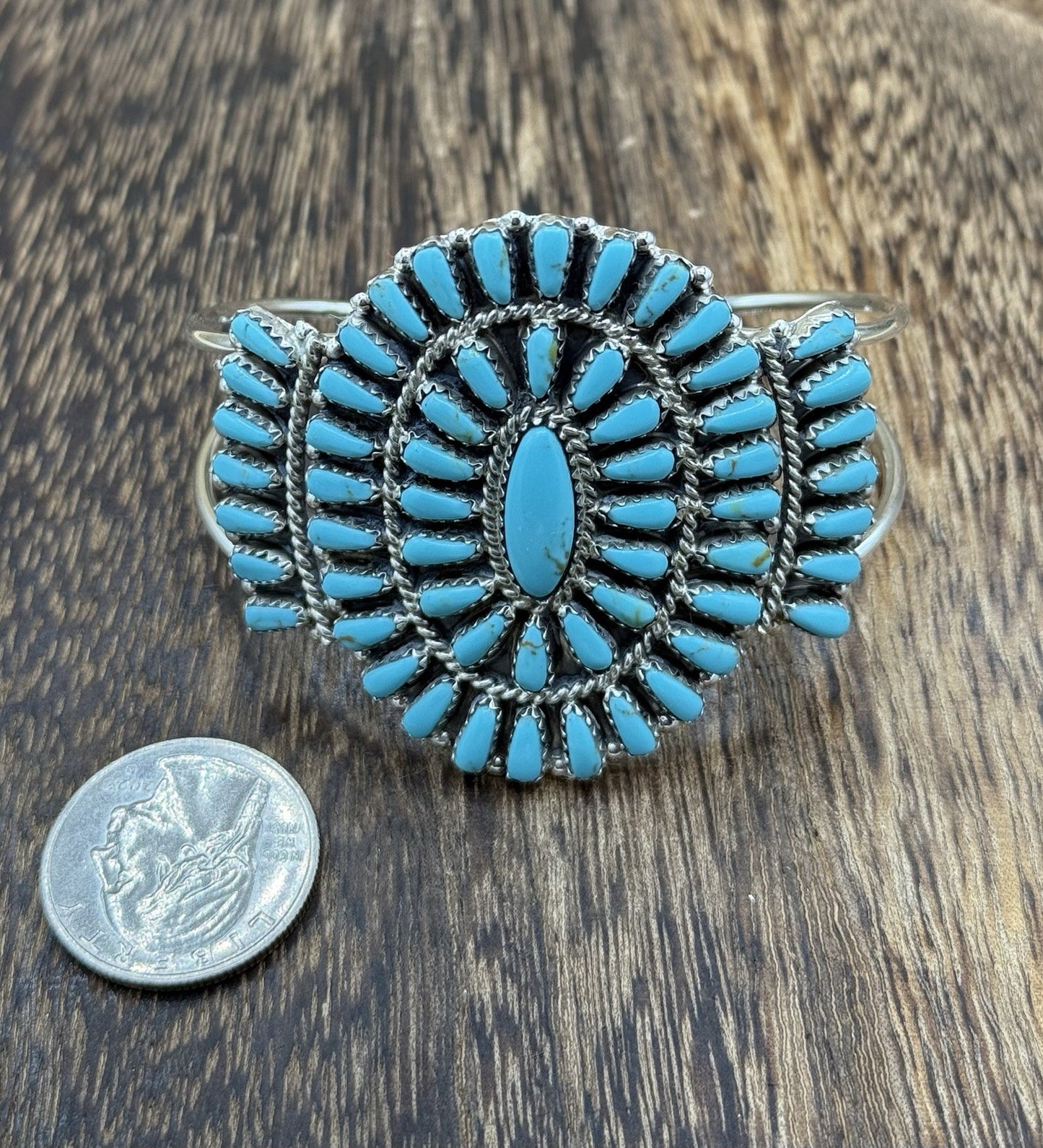Native American Navajo Handmade Sterling Silver Turquoise Cluster Cuff Bracelet