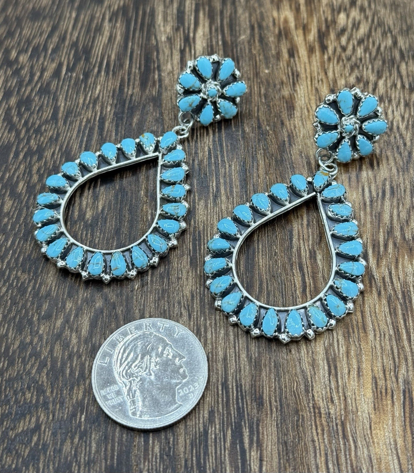 Navajo Handmade Sterling Silver Turquoise Cluster Post Drop earrings Large