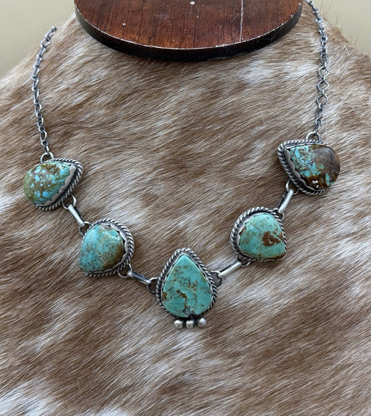 Native Navajo Handmade Sterling Silver Kingman Turquoise Choker Necklace 15”
