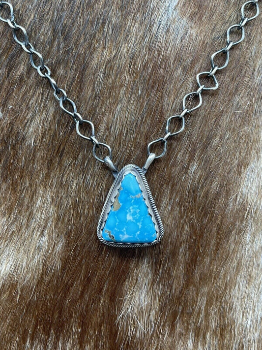 Native American Navajo Handmade Sterling Silver Turquoise Bar Necklace 18”