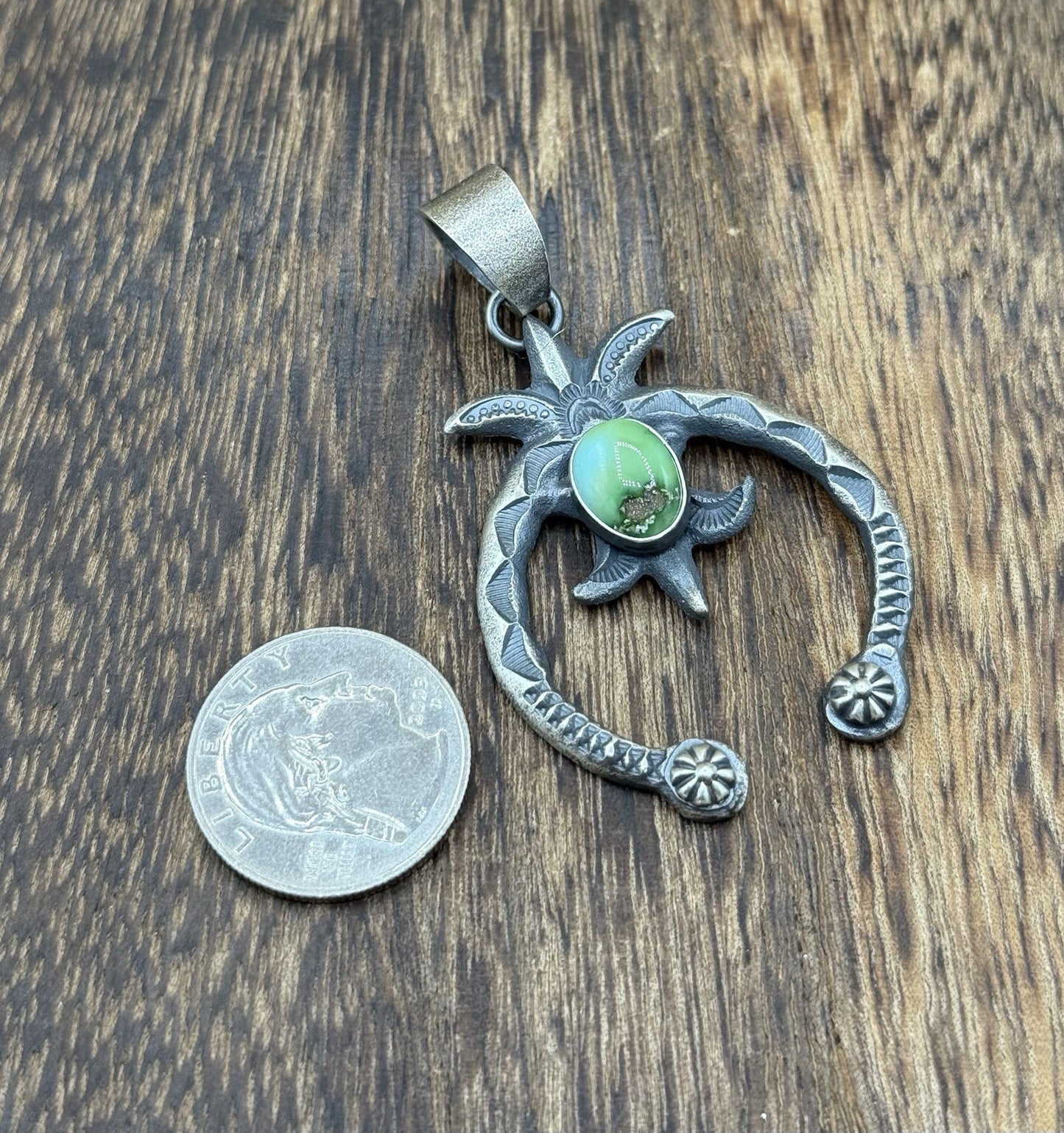 Navajo Handmade Sterling Silver Old Look Sonoran Gold Turquoise Naja Pendant