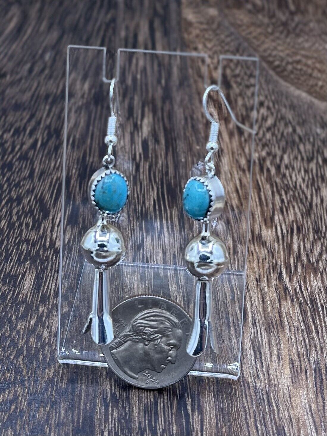 Native American Silver Navajo Handmade Turquoise Dangle Blossom Earrings shiny