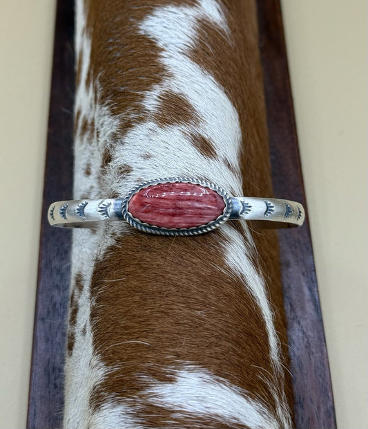 Navajo Handmade Sterling Silver Red Spiny Oyster Stamped Stacker Cuff Bracelet