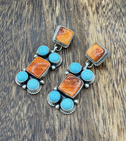 Navajo Handmade Sterling Silver Turquoise & Spiny Oyster Post Dangle Earrings