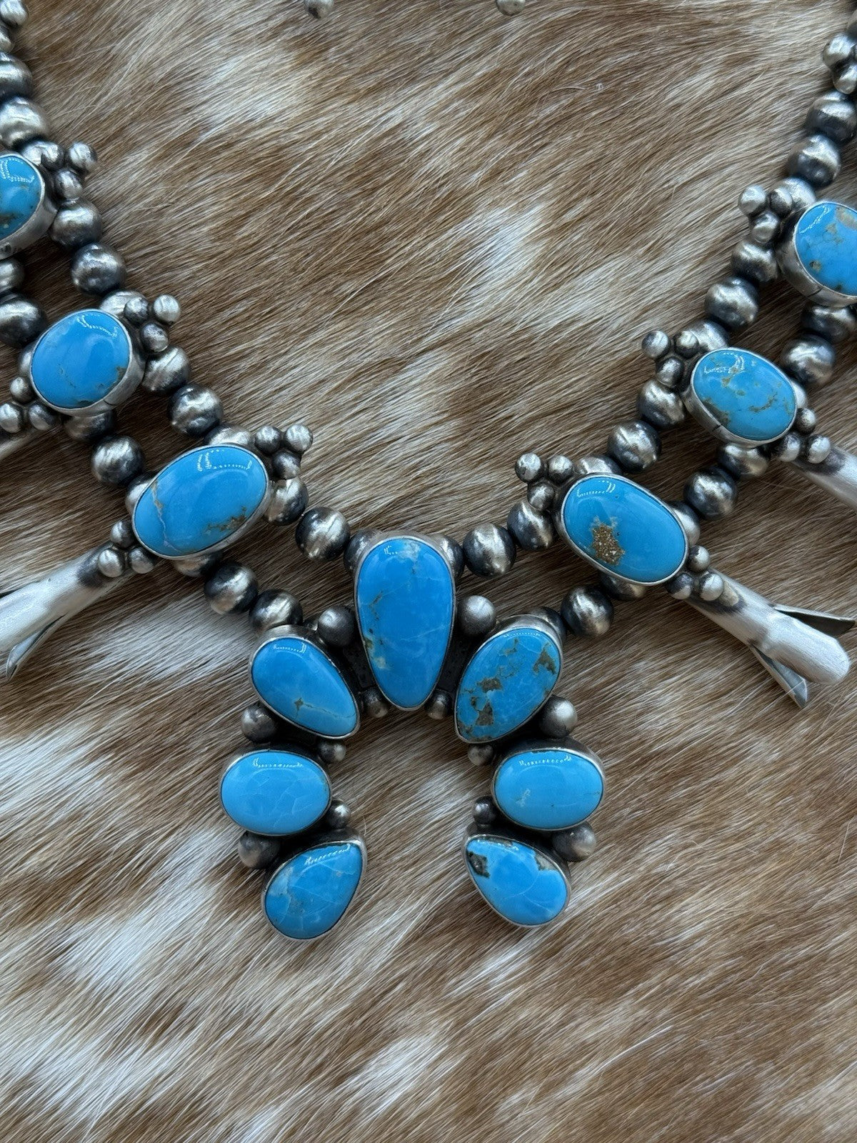Navajo Handmade Sterling Silver Kingman Turquoise Squash Blossom Necklace 20”