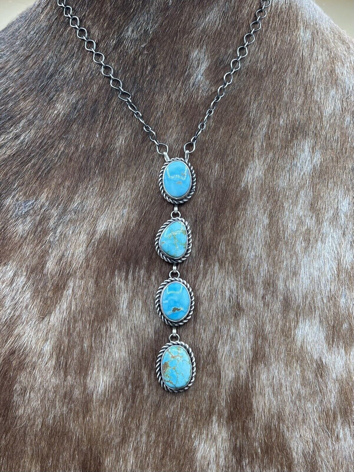 Native American Navajo Handmade Silver Sonoran Turquoise Drop Bar Necklace 18”