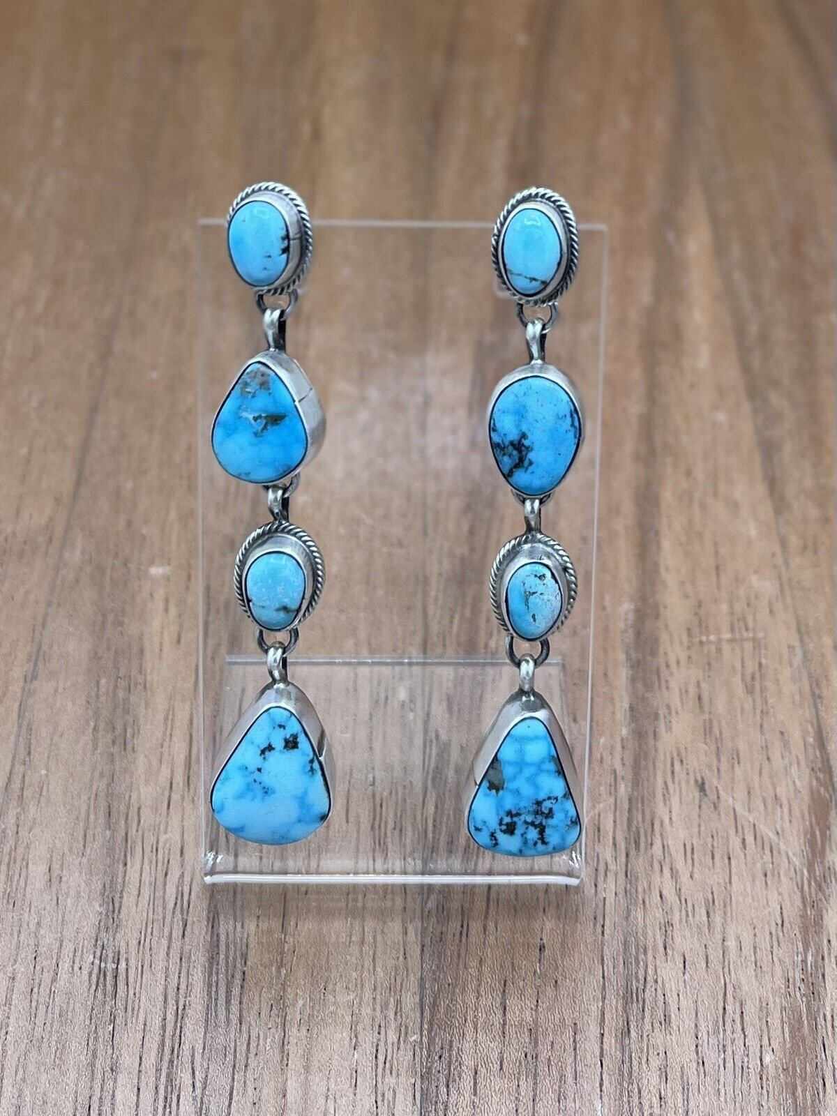 Native American Silver Navajo Handmade Kingman Turquoise Post Dangle Earrings