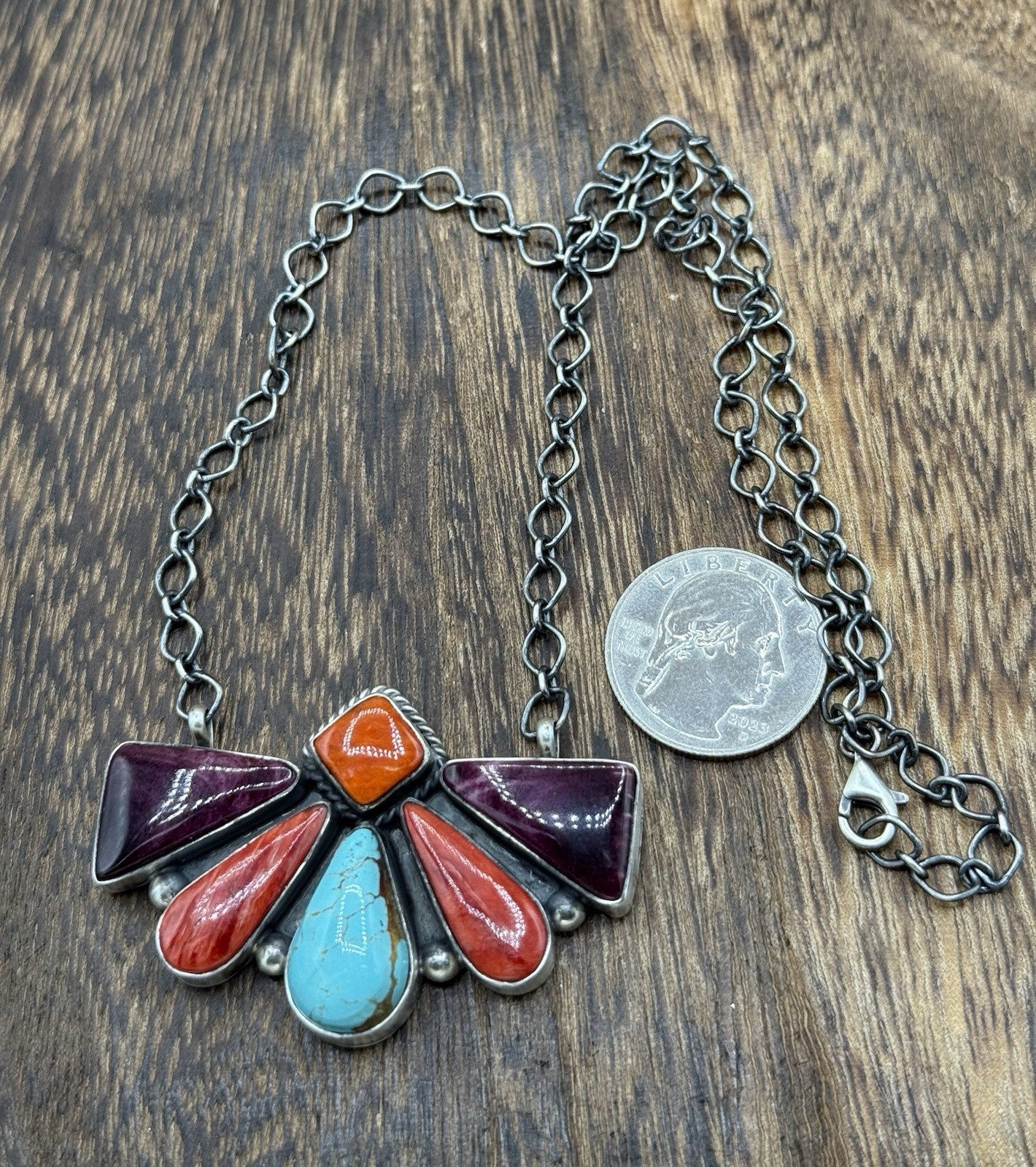 Navajo Handmade Sterling Silver Multi stone Turquoise  Cluster Bar Necklace 18”