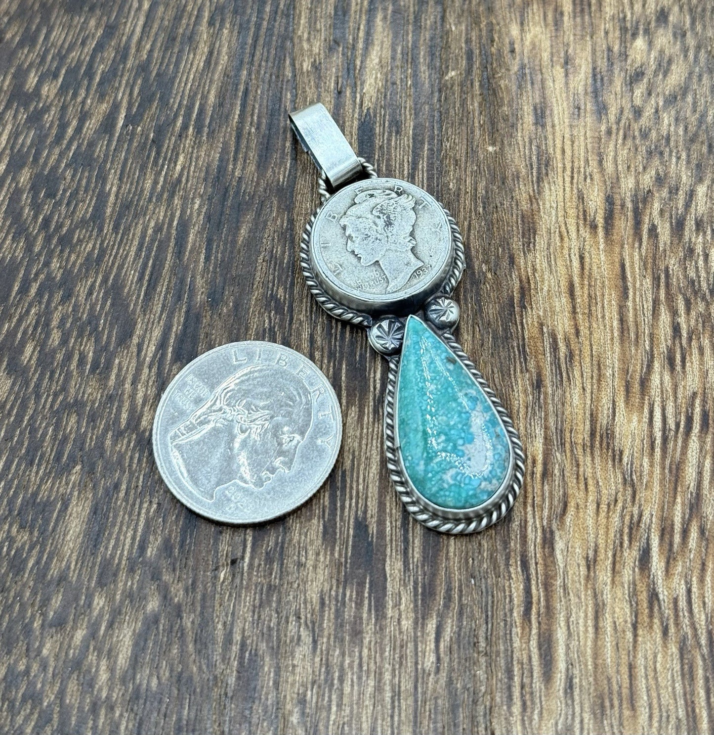 Navajo Handmade Sterling Silver White Water Turquoise Liberty Dime Coin Pendant