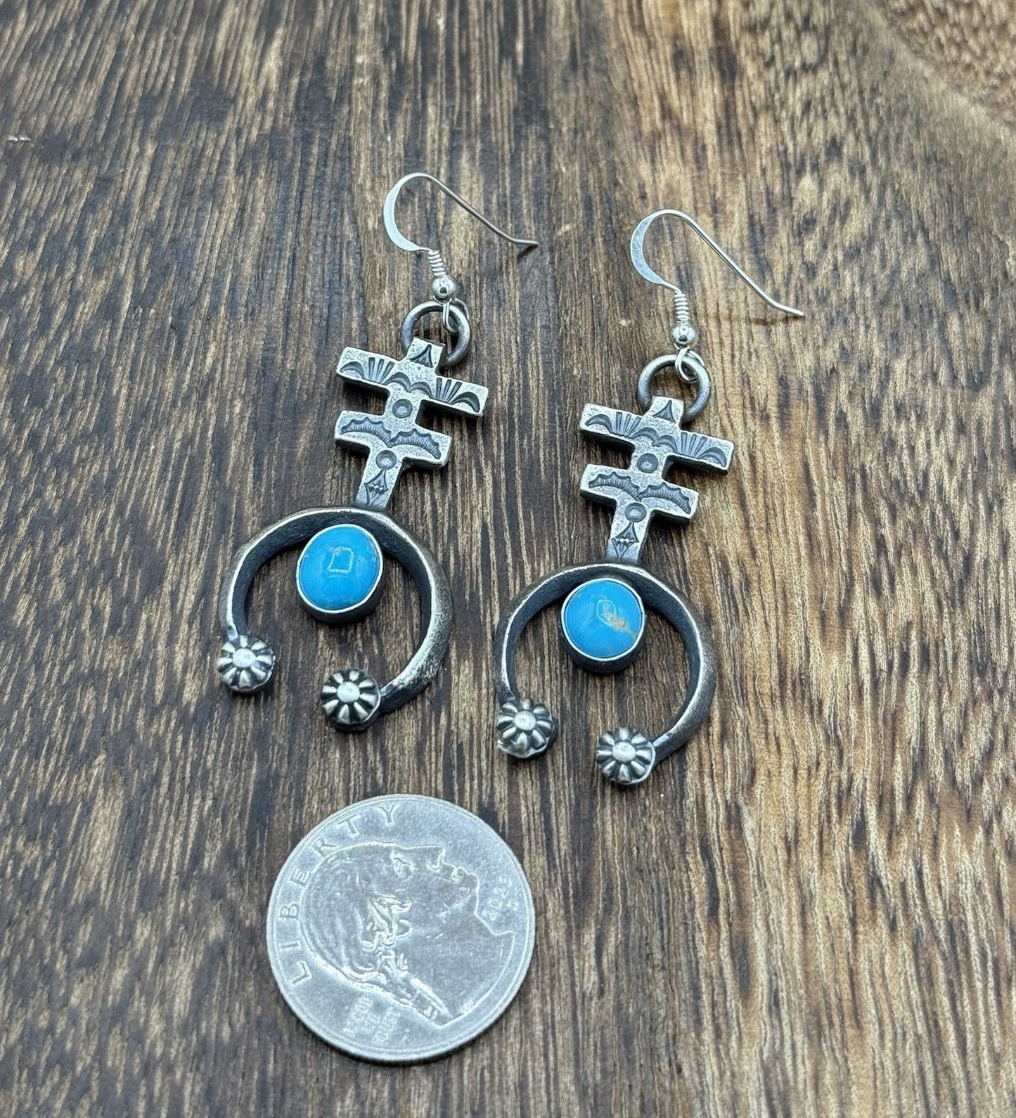 Navajo Handmade Sterling Silver Old Look Kingman Turquoise Earrings Kevin Billah